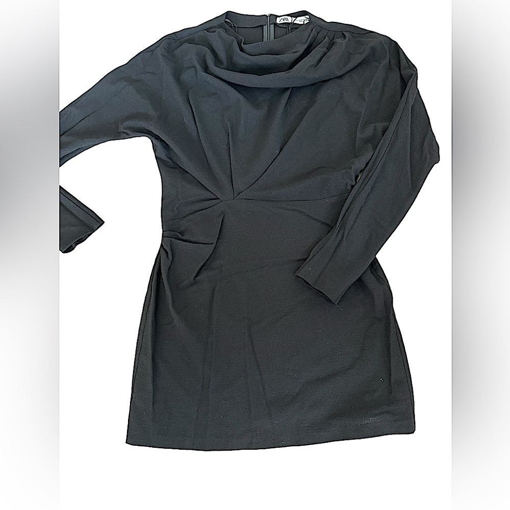 ZARA- Black draped neckline long sleeves mini dress 👗 - Size - M